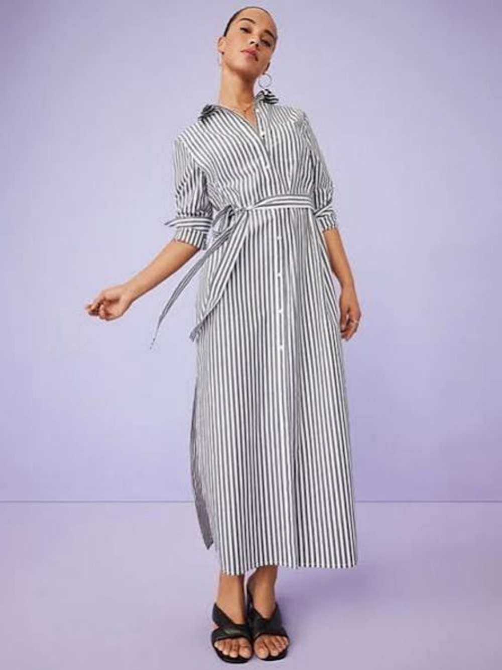 LIFT Striped Poplin Belted Pocket Shirt Dress Dark Grey Midi Maxi Long Sleeve XS